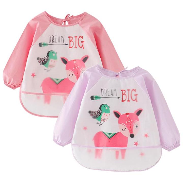 Babyslabbetje om te ontwenen, slabbetje met mouwen, 2 verpakkingen babyschort voor baby's van 2 tot 4 jaar, vlek- en geurwerend, blauw en groen, Roze en paars hert