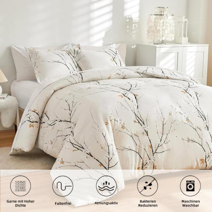 Bloemen beddengoed, 135 x 200 cm, 2-delig, beige, pruimenbloesem, tak, elegante beddengoedsets, geborsteld microvezel, zacht beddengoed, meisjes, dekbedovertrek met ritssluiting en