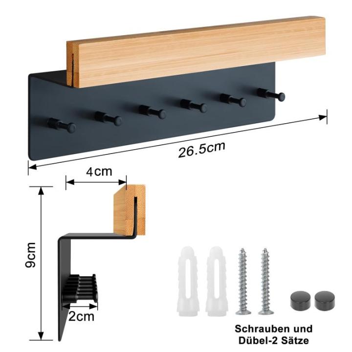 Sleutelrek hout met plank, sleutelhouder sleutelrek met 6 haken, wandsleutelbord voor entree, hal, keuken