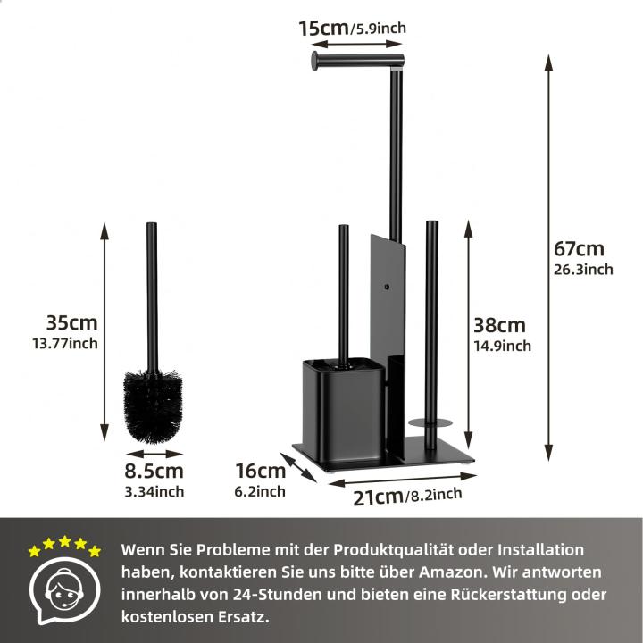 Roestvrijstalen toiletpapierhouder, staand met wc-borstel, toiletpapierhouder met wc-borstel, wc-set met toiletpapierhouder en toiletborstel, wc-rolhouder, staand met glazen plank (zwart, mat)