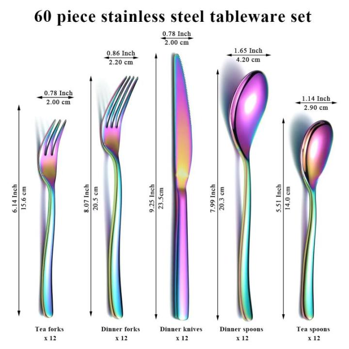 Bestekset 60 delig voor 12 personen, Titanium regenboog beplating Bestekset inclusief dinermessen, dinerscheppen, dinervorken, theelepels, dessertvorkjes
