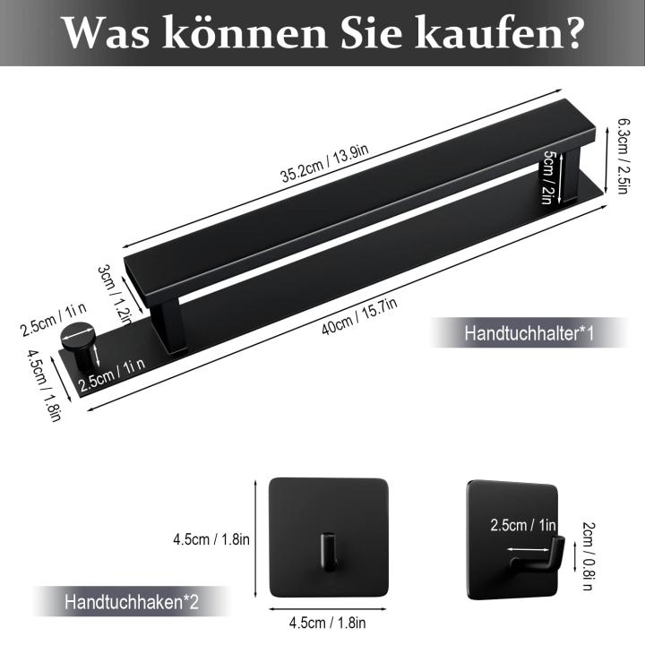 vewicokop Handdoekhouder, zonder boren, voor badkamer, gastendoekhouder, zelfklevend, voor op de muur, met 2 handdoekhaken, voor badkamer en keuken, 40 cm, matzwart