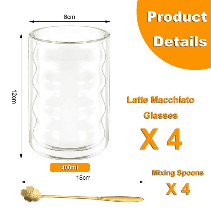 Latte macchiato glazen, dubbelwandig, 400 ml, verpakking van 4 stuks, met 4 lepels, dubbelwandige koffieglazen, cappuccinokopjes, spiraalvormige, thermoglazen, theeglazen van boros