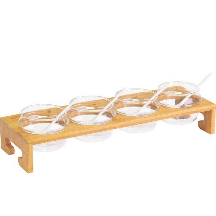 Rekje met jam, 1 standaard + 4 potjes/deksels/lepels, breedte: 38,5 cm, bamboe/glas/keramiek, Tapas + Friends, lichtbruin/wit, 69902260