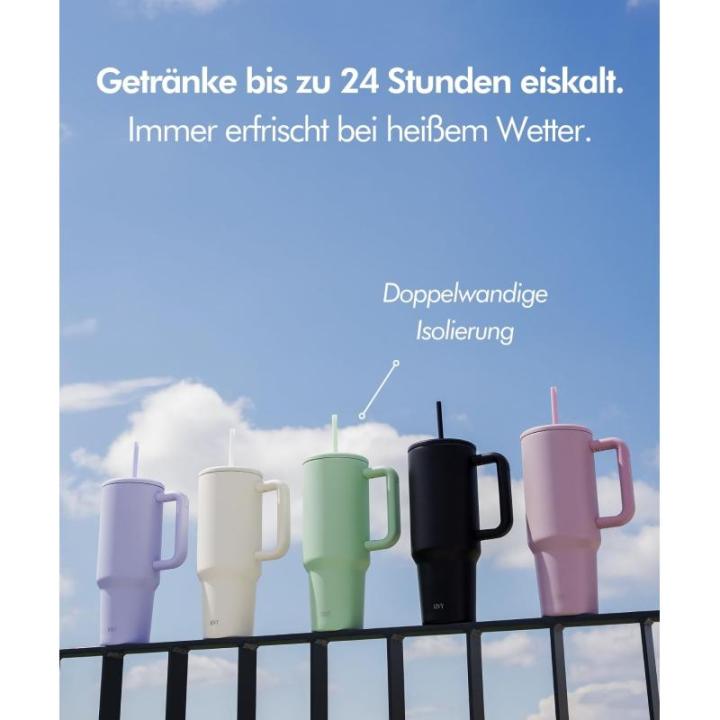Thermobeker met rietje en handvat, 24 uur ijskoud, 1200 ml, roestvrij staal, isolatiebeker met handvat, drinkbeker met deksel en rietje, moderne tuimelbeker om mee te nemen, met ri