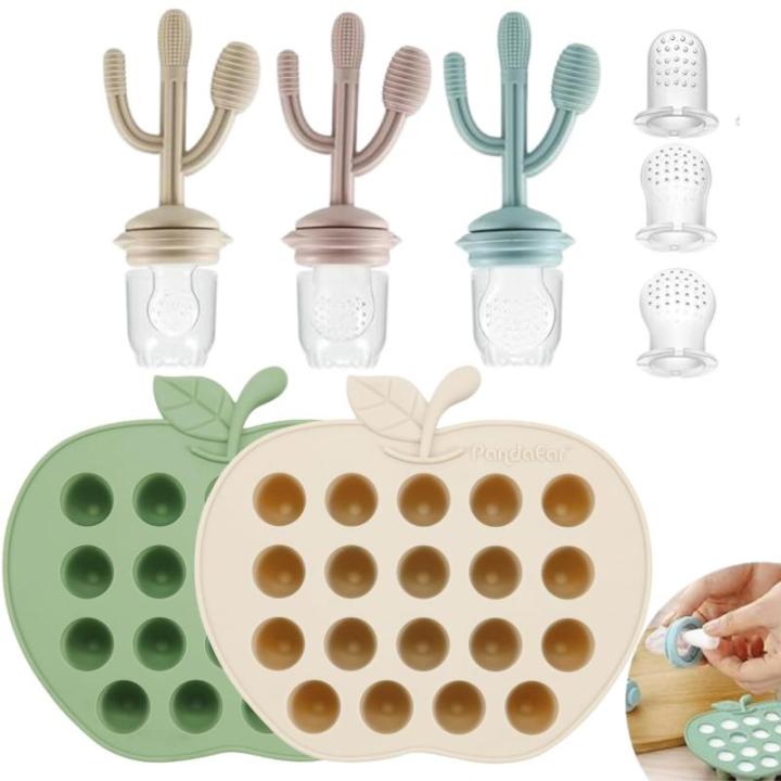 Set van 2 babypap, invriescontainers en 3 stuks babyfruitzuigers met 3 maten zakken, siliconen ijsblokjeshouder baby fruitzuiger, aanvullende voeding, invriezen container voor baby