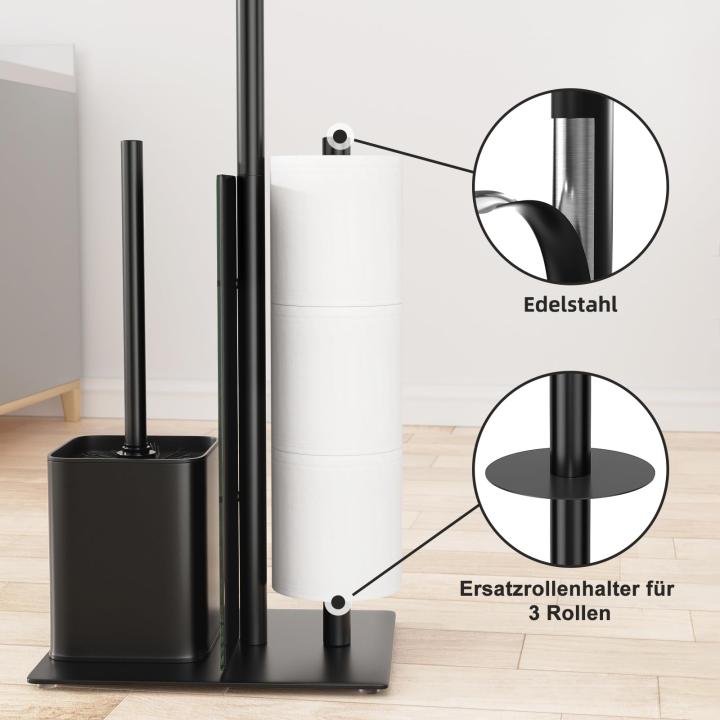 Roestvrijstalen toiletpapierhouder, staand met wc-borstel, toiletpapierhouder met wc-borstel, wc-set met toiletpapierhouder en toiletborstel, wc-rolhouder, staand met glazen plank (zwart, mat)