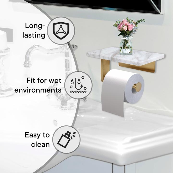 Toiletpapierhouder met natuurlijke marmeren plank voor badkamer wasruimte, wandgemonteerde tissuehouder geschikt voor megarol (geborsteld goud, midden 20 x 12 cm)