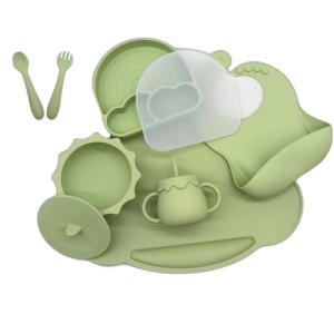 Siliconen babyserviesset, antislip, kinderservies met zuignap, 9 stuks, BPA-vrij, eetbestek, met lepel, vork, kom, slabbetje, drinkbeker en bord met deksel (olijf)