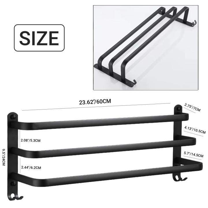 Bozvloh Handdoekhouder zonder boren voor badkamer, zwart, 60 cm, 3-delige aluminium handdoekstang, gastendoekhouder, wand, zelfklevend, voor badkamer, keuken, toilet