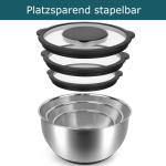 Roestvrijstalen kommenset met deksel, 3 stuks, 1,4 l + 2,8 l + 4,7 l, mengkom, slakom, serveerkom, stapelbaar, 3 raspopzetstukken