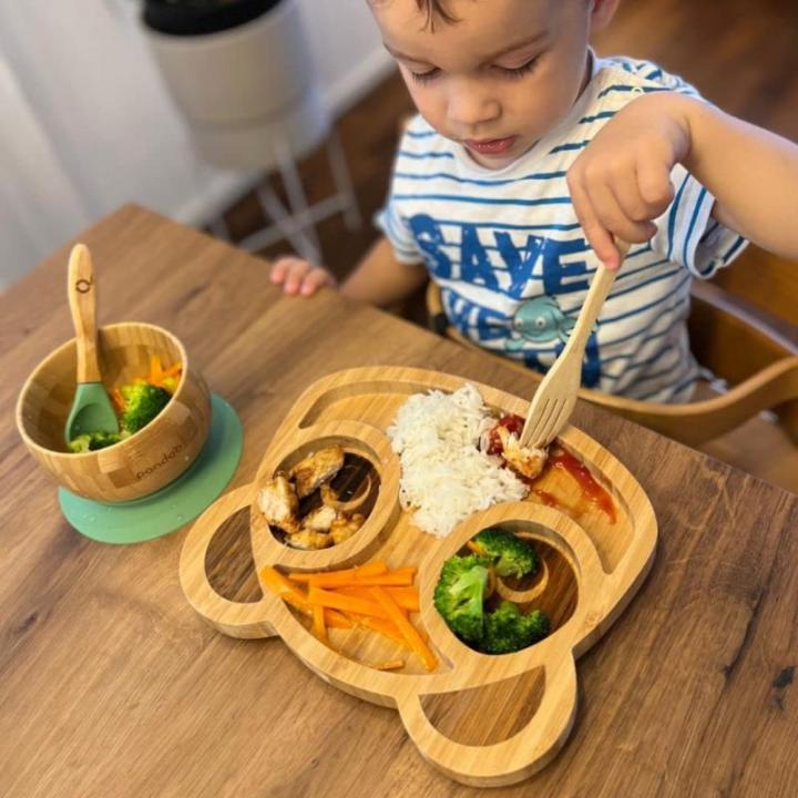 Kinderservies set van bamboe en siliconen zuignap | serviesset, doopgeschenk | eetbestek & babybord met zuignap | 5-delig: 1 bord, 1 kom & 2 lepels (panda)