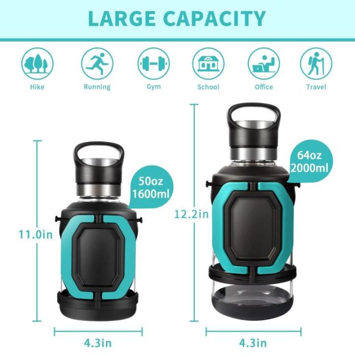 2L glazen waterfles met handvat en riem - 64 oz groot, halve gallon, BPA-vrij, borosilicaatglas, brede mond, roestvrij stalen thee-ei - voor sportschool, sport, training en dagelij