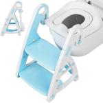 Toiletbril voor kinderen met trap, 2-in-1 babytoiletbril met opstapkruk, driehoekige standaard, stabiele potjetrainer met verstelbare trede en zithoogte, PU gevoerd, vergrote trede