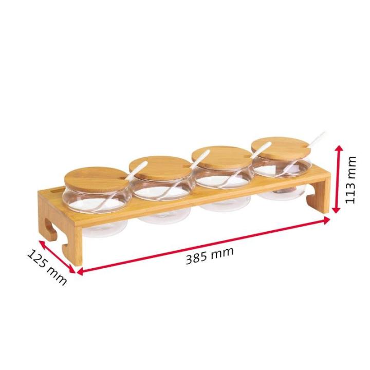 Rekje met jam, 1 standaard + 4 potjes/deksels/lepels, breedte: 38,5 cm, bamboe/glas/keramiek, Tapas + Friends, lichtbruin/wit, 69902260