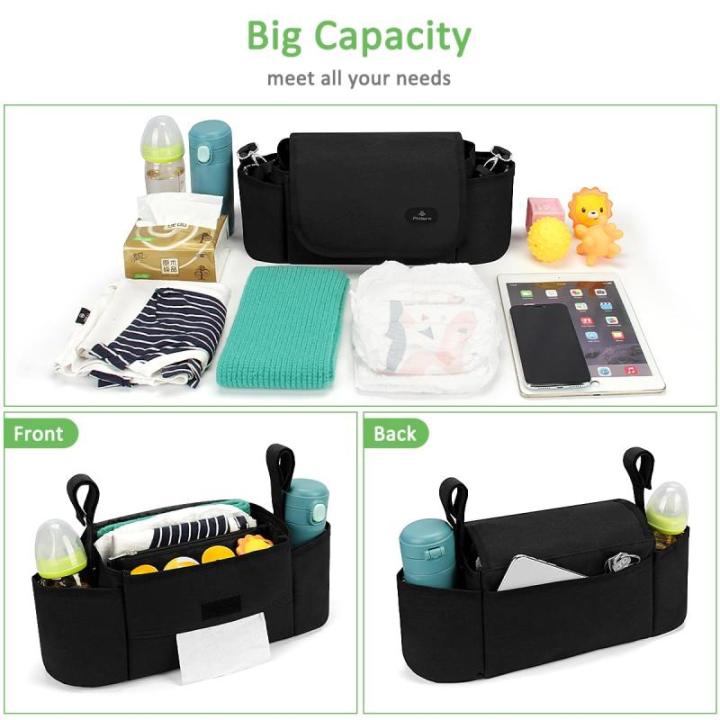 Kinderwagen Organizer, Kinderwagen Caddy Kinderwagen Tas Buggy Organizer met geïsoleerde bekerhouders, Schouderriem, Grote opbergruimte Tas Draagbare opslag Stevige bevestiging 3 