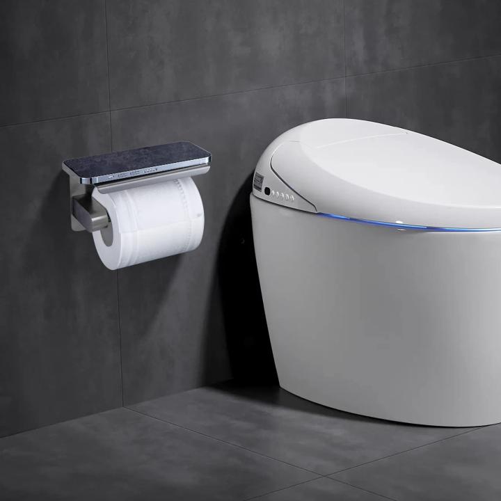 YUET Toiletpapierhouder, papierhouder zonder boren, wc-papierhouder, papierdispenser met plank, roestvrij staal SUS 304, zelfklevende en wandlijm voor badkamer (zilver)