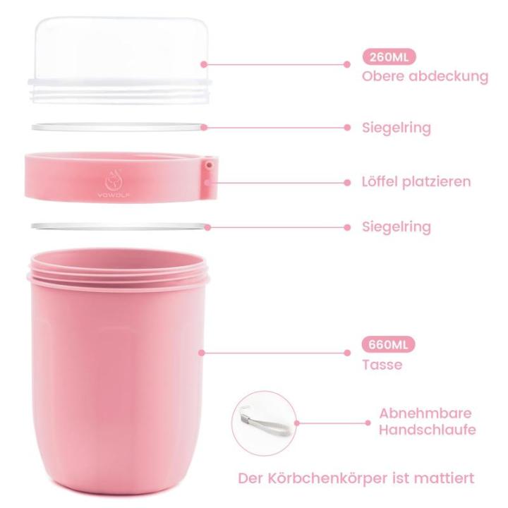 Mueslibeker to go, 660 ml + 260 ml, 2-in-1 yoghurtbeker om mee te nemen, lekvrije lunchpot, muesli, beker met lepel, muesli-kom, yoghurt to go voor picknick, roze