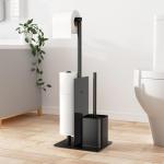 Roestvrijstalen toiletpapierhouder, staand met wc-borstel, toiletpapierhouder met wc-borstel, wc-set met toiletpapierhouder en toiletborstel, wc-rolhouder, staand met glazen plank (zwart, mat)