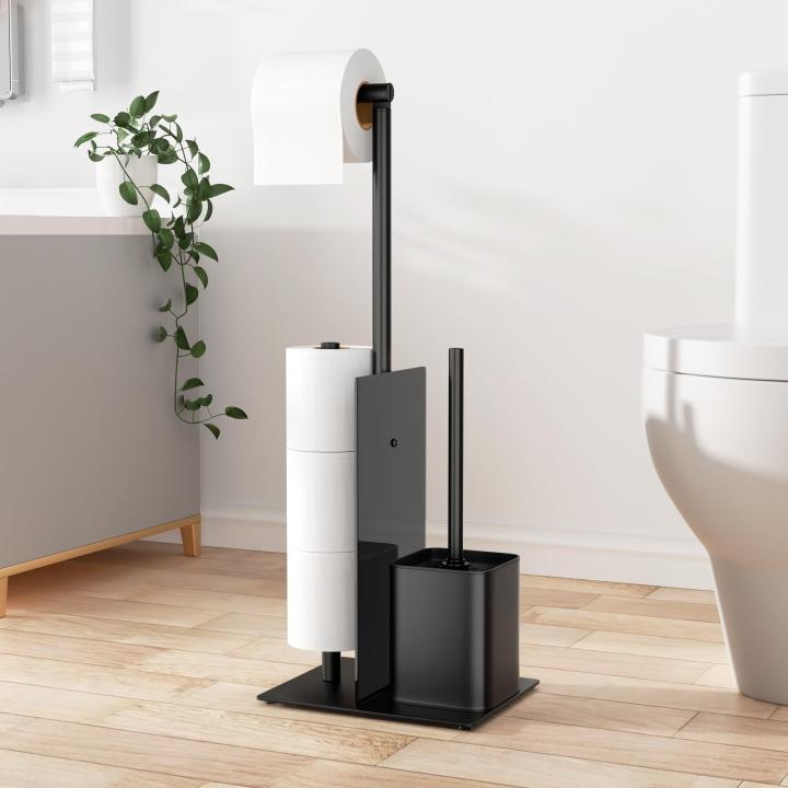 Roestvrijstalen toiletpapierhouder, staand met wc-borstel, toiletpapierhouder met wc-borstel, wc-set met toiletpapierhouder en toiletborstel, wc-rolhouder, staand met glazen plank (zwart, mat)