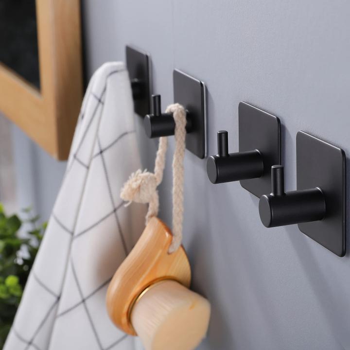 ZUNTO Handdoekhaken, haken, zonder boren, kleefhaken, roestvrij staal, wandhaken, zelfklevend, handdoekhouder voor badkamer, 4 stuks, zwart