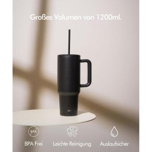 Thermobeker met rietje en handvat, 24 uur ijskoud, 1200 ml, roestvrij staal, isolatiebeker met handvat, drinkbeker met deksel en rietje, moderne tuimelbeker om mee te nemen, met ri