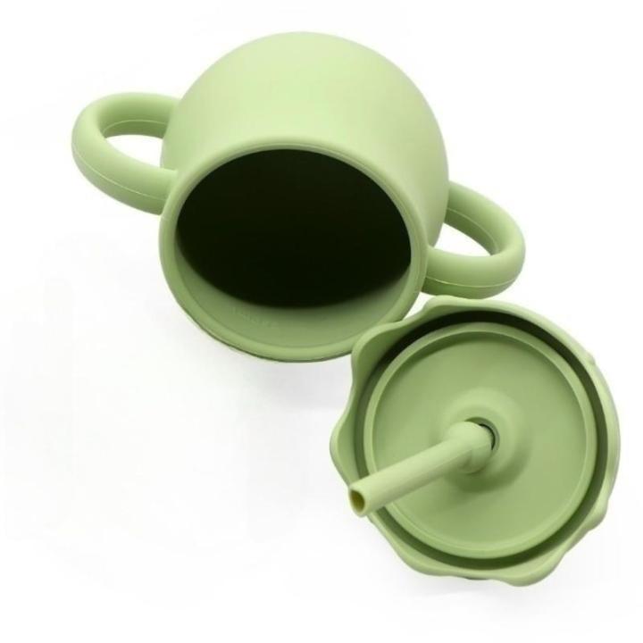 Siliconen babyserviesset, antislip, kinderservies met zuignap, 9 stuks, BPA-vrij, eetbestek, met lepel, vork, kom, slabbetje, drinkbeker en bord met deksel (olijf)