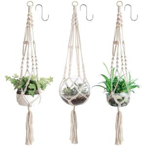 3 x plantenhangers, macramé bloemenhanger, hangende bloempot met katoenen touw, voor binnen en buiten, plafonds, balkons, wanddecoratie