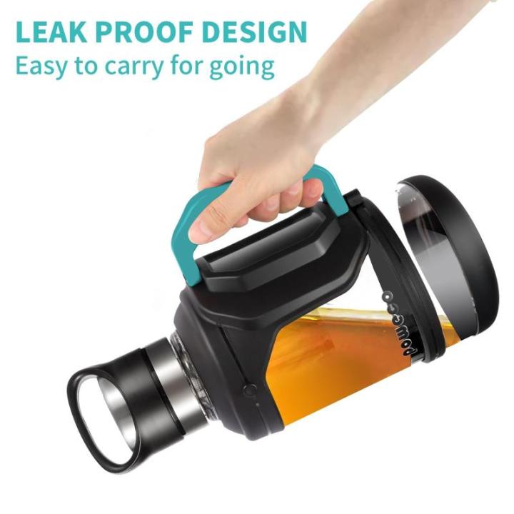 2L glazen waterfles met handvat en riem - 64 oz groot, halve gallon, BPA-vrij, borosilicaatglas, brede mond, roestvrij stalen thee-ei - voor sportschool, sport, training en dagelij