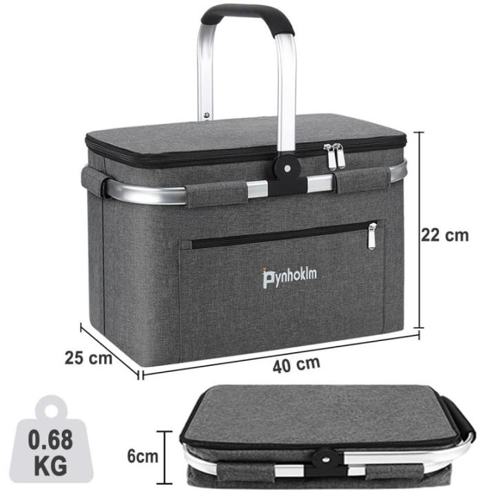 Winkelmand met koelfunctie, picknickmand met deksel, opvouwbare mand, thermische mand, geïsoleerde tas, opvouwbare koelmand, koeltas, draagtas, voor reizen, picknick, winkelen