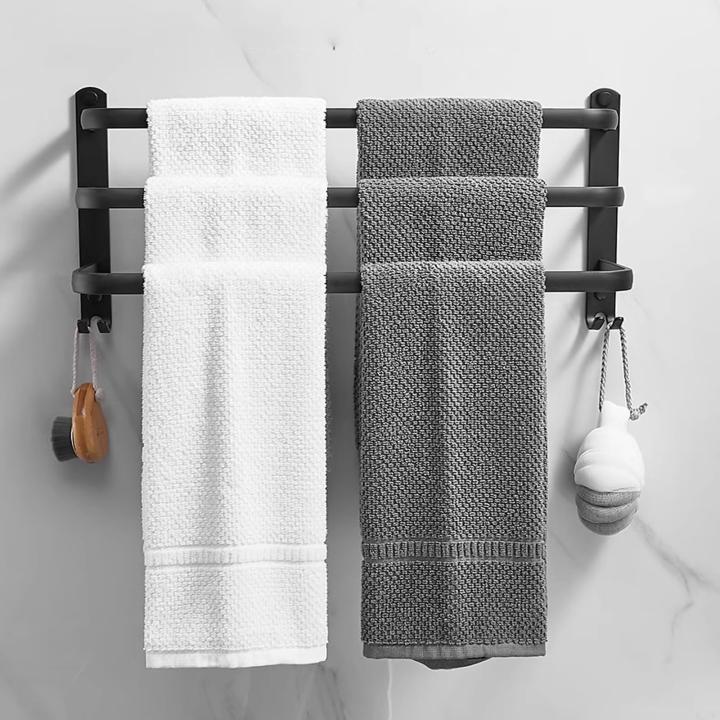 Bozvloh Handdoekhouder zonder boren voor badkamer, zwart, 60 cm, 3-delige aluminium handdoekstang, gastendoekhouder, wand, zelfklevend, voor badkamer, keuken, toilet