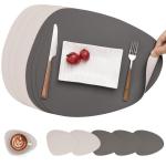 Lederen tafelmatten en onderzetters, Placemat Waterdichte Dubbelzijdige Keuken Plaats Matten Koffiematten Antislip Wasbare en Onderzetters (Set van 6, Grijs/Wit)
