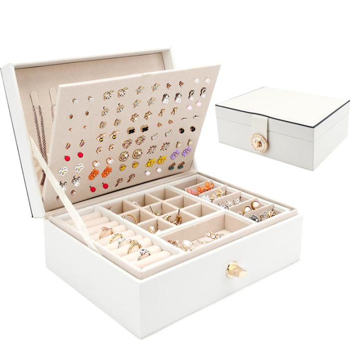 Sieradendoosje voor dames en meisjes, waterdicht, van PU-kunststof, voor ringen, oorbellen, halskettingen, armbanden, 23 x 17 x 8,5 cm (wit)