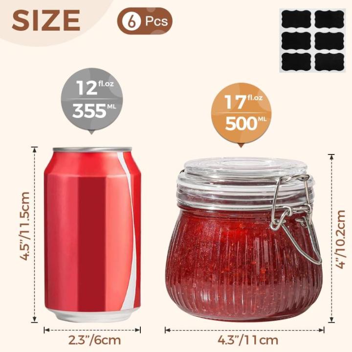 Luchtdichte glazen pot met deksel 17oz Set van 6, Glazen opbergcontainers met deksels, glazen bus, kleine gestreepte clip bevestigingspot voor keuken inblikken, overnight haver, au