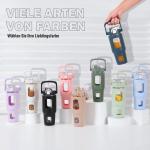 Glazen waterfles, 960 ml, fles met rietje en deksel, drinkwaterfles met handvat, ijskoffiebeker met tijd- en watermarkering en siliconen hoes, BPA-vrij, lekvrij, wit
