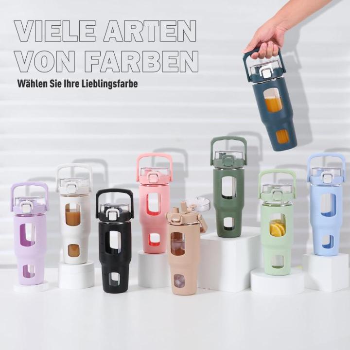 Glazen waterfles, 960 ml, fles met rietje en deksel, drinkwaterfles met handvat, ijskoffiebeker met tijd- en watermarkering en siliconen hoes, BPA-vrij, lekvrij, wit