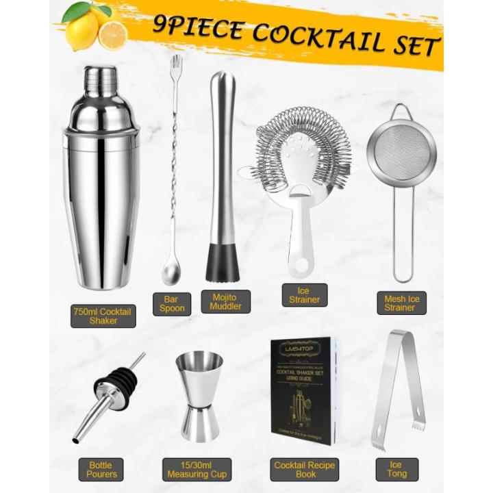 Cocktail Making Set, 9-delige Roestvrijstalen Barmanset Professionele Cocktailshakerset met 750ml Boston Shaker voor Thuis, Bar, Feest