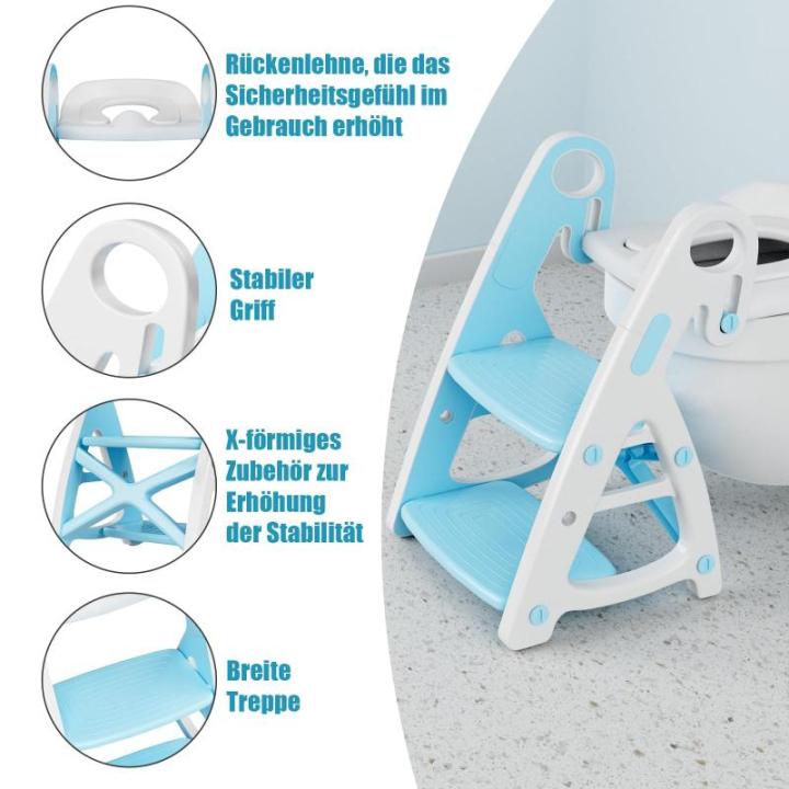 Toiletbril voor kinderen met trap, 2-in-1 babytoiletbril met opstapkruk, driehoekige standaard, stabiele potjetrainer met verstelbare trede en zithoogte, PU gevoerd, vergrote trede