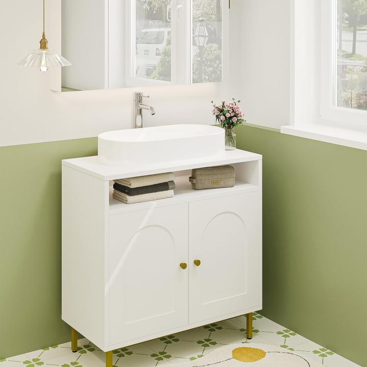 Hzuaneri Badkamer Opbergkast, Wastafelkast met Open Plank en 2 deuren, Verstelbare Plank, Vrijstaand, voor Badkamer, Woonkamer, Hal, Keuken, Wit BC09803G