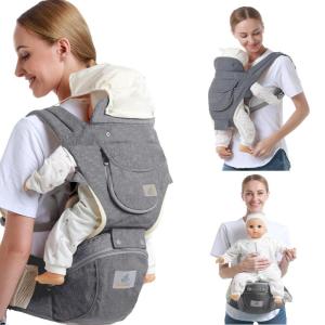 Babydrager, ergonomisch, aanpasbaar, katoen, zachte rugzak, babydrager met opbergtas en flessenhaak, babydrager voor pasgeborenen van 3-36 maanden, donkergrijs