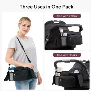 Buggy- en kinderwagen-organizer, universeel, met geïsoleerde bekerhouder, kinderwagentas, babyaccessoires met ritsvak, schouderriem en opbergruimte voor luiers en mobiele telefoon