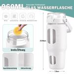 Glazen waterfles, 960 ml, fles met rietje en deksel, drinkwaterfles met handvat, ijskoffiebeker met tijd- en watermarkering en siliconen hoes, BPA-vrij, lekvrij, wit