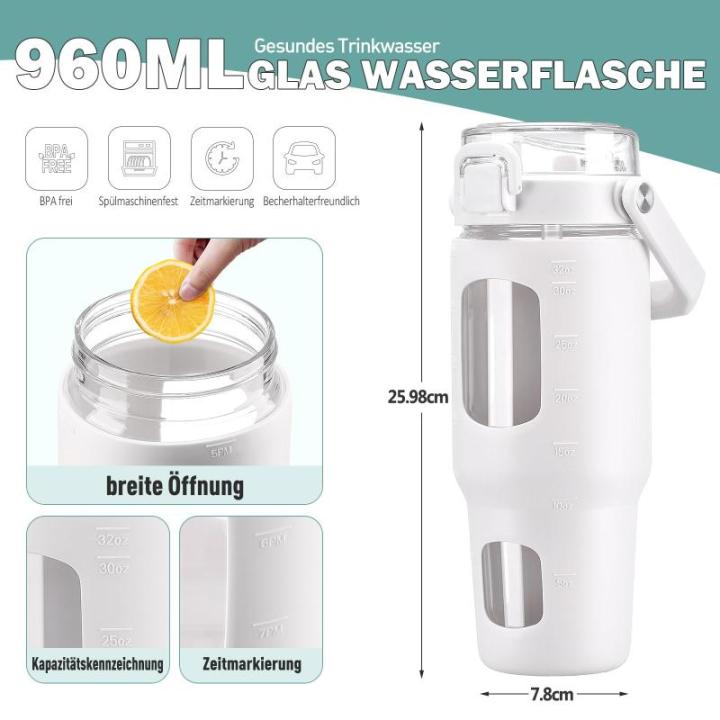 Glazen waterfles, 960 ml, fles met rietje en deksel, drinkwaterfles met handvat, ijskoffiebeker met tijd- en watermarkering en siliconen hoes, BPA-vrij, lekvrij, wit