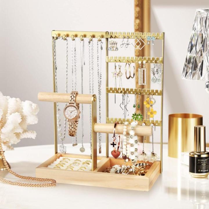 Sieradenstandaard, meerlaagse sieradenhouder, kettinghouder, kettingstandaard, oorbelhouder, oorbelhouder voor ringen, oorbellen, armbanden, horloges en accessoires, goud