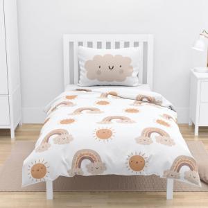 Kinderbeddengoed, flanel, babybeddengoed "Little Sunrise" zacht en behaaglijk, voor meisjes en jongens, 100% katoen, zon, wolk en regenboog, dekbedovertrek 100 x 135 cm + kussenslo