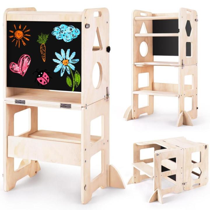 3-in-1 leertoren voor kinderen, inklapbare opstapkruk met bord, leertoren voor kinderen, voor keuken, tafel, badkamer