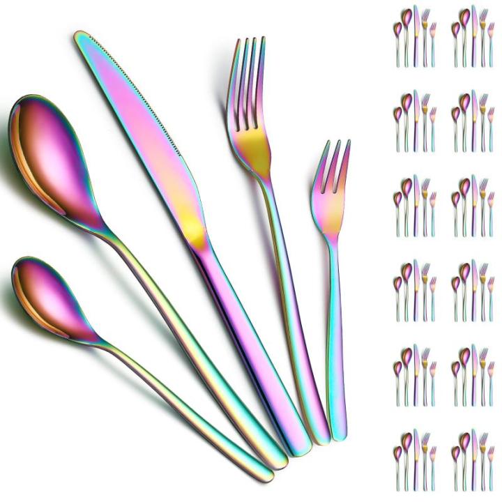 Bestekset 60 delig voor 12 personen, Titanium regenboog beplating Bestekset inclusief dinermessen, dinerscheppen, dinervorken, theelepels, dessertvorkjes