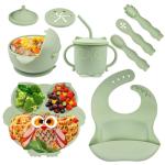 Babyspennenset van siliconen, 9-delige set voor het spenen van siliconen, bord met zuignap, kom, lepel, antislip, babyset voor baby's (groen)