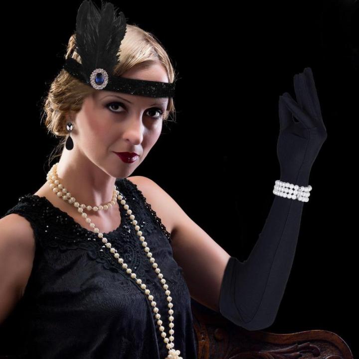 Jaren 20 themaset Great Gatsby-, voor dames, 9-delig: flapper hoofdband, hoofddeksel, lange zwarte handschoenen, hals ketting, oorbellen (set C)