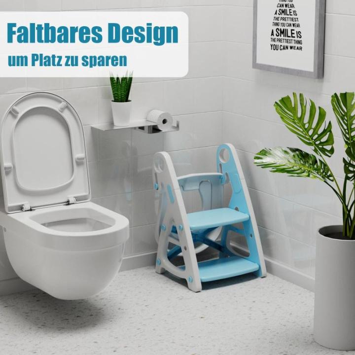 Toiletbril voor kinderen met trap, 2-in-1 babytoiletbril met opstapkruk, driehoekige standaard, stabiele potjetrainer met verstelbare trede en zithoogte, PU gevoerd, vergrote trede
